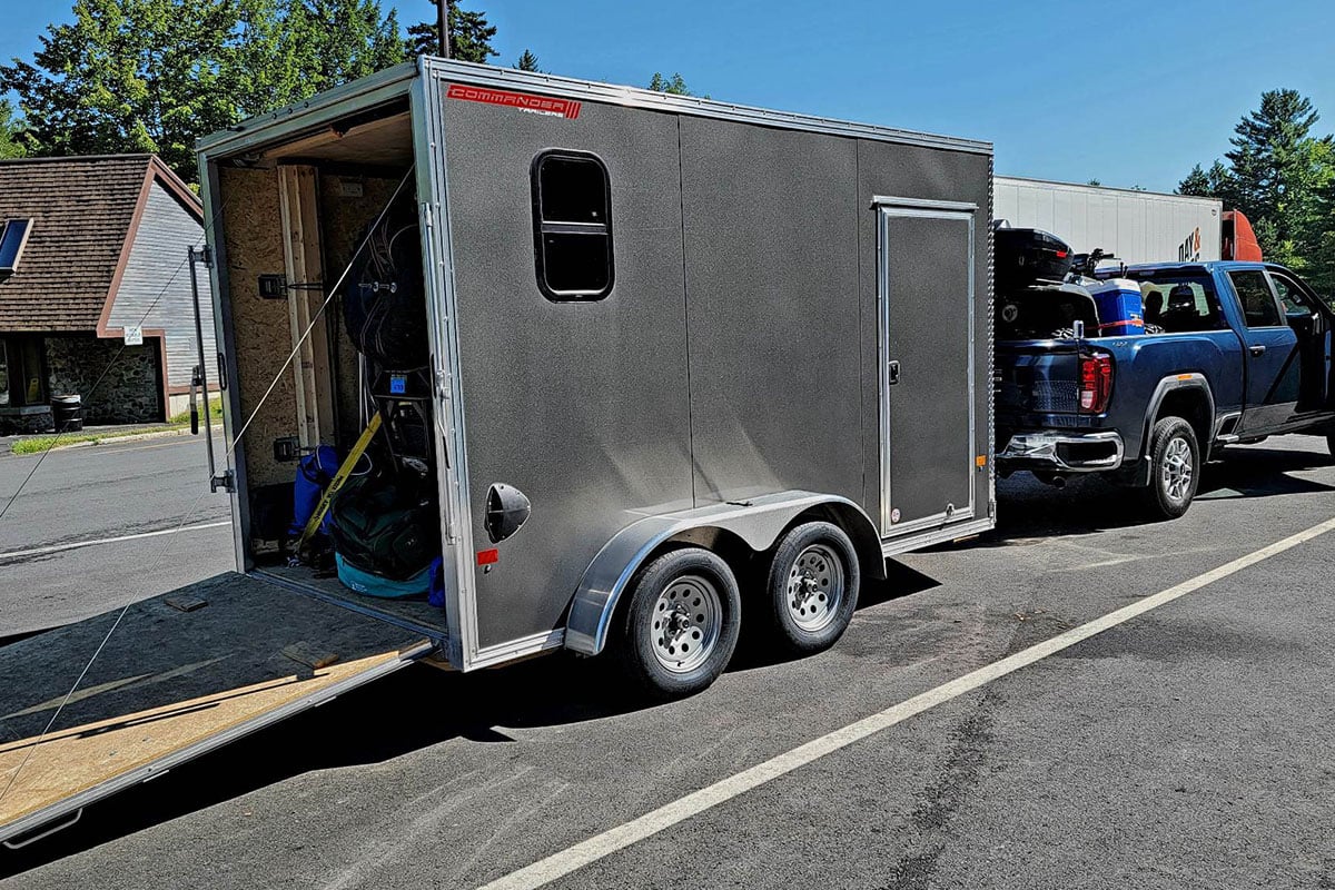 Ted's enclosed aluminum UTV/camping trailer, fully loaded and hitched on to the truck.