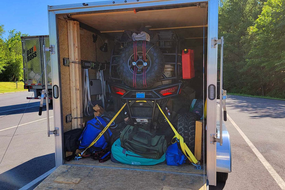 A custom built-out ALCOM aluminum trailer with UTV and camping gear; photo courtesy of Ted McLaughlin