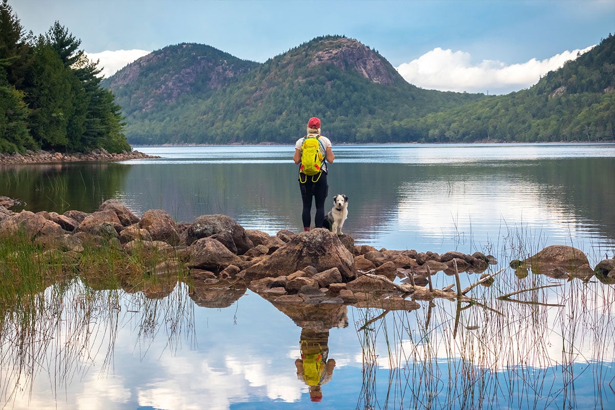 A hiker with a dog in Acadia National Park, Maine