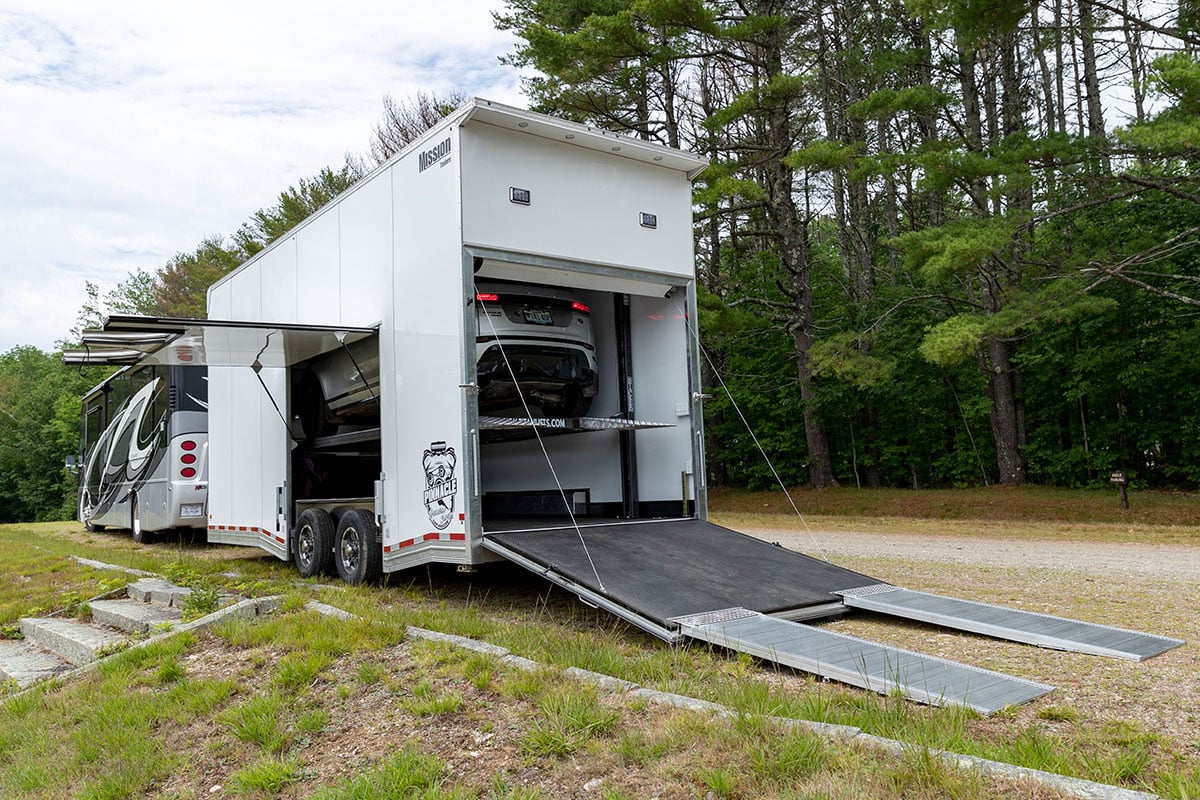 ALCOM enclosed Pinnacle trailer with rear ramp door plus stowaway ramps