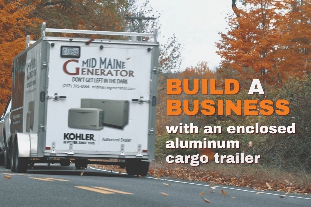 Build a mobile business using an enclosed aluminum cargo trailer from ALCOM; Mid-Maine Generator's EZ Hauler Trailer on the road in autumn