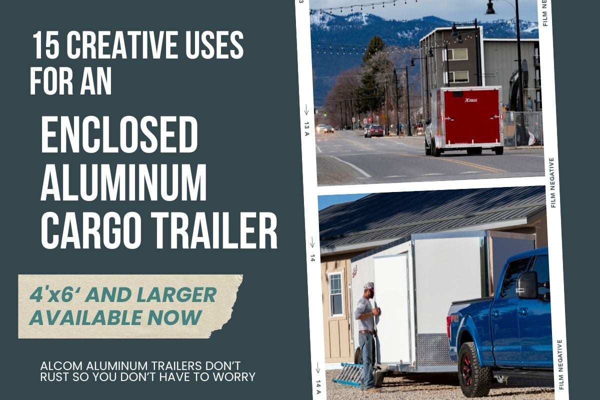Flyer with two images of ALCOM enclosed cargo trailers in use and a headline about 15 ways to use enclosed trailers