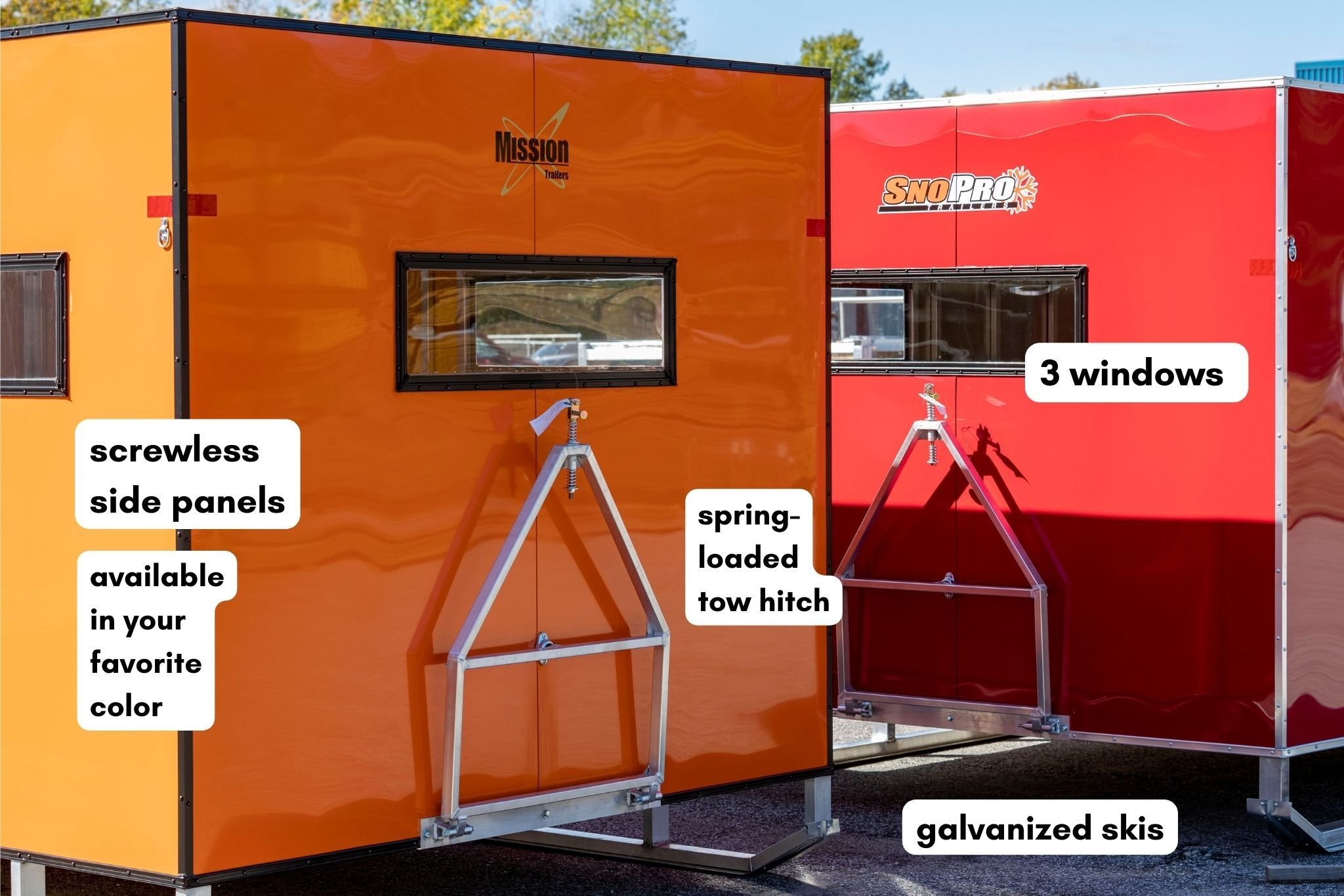 An orange and a red aluminum ice shack side by side with text bubbles noting the windows, skis, tow hitch and side panel features