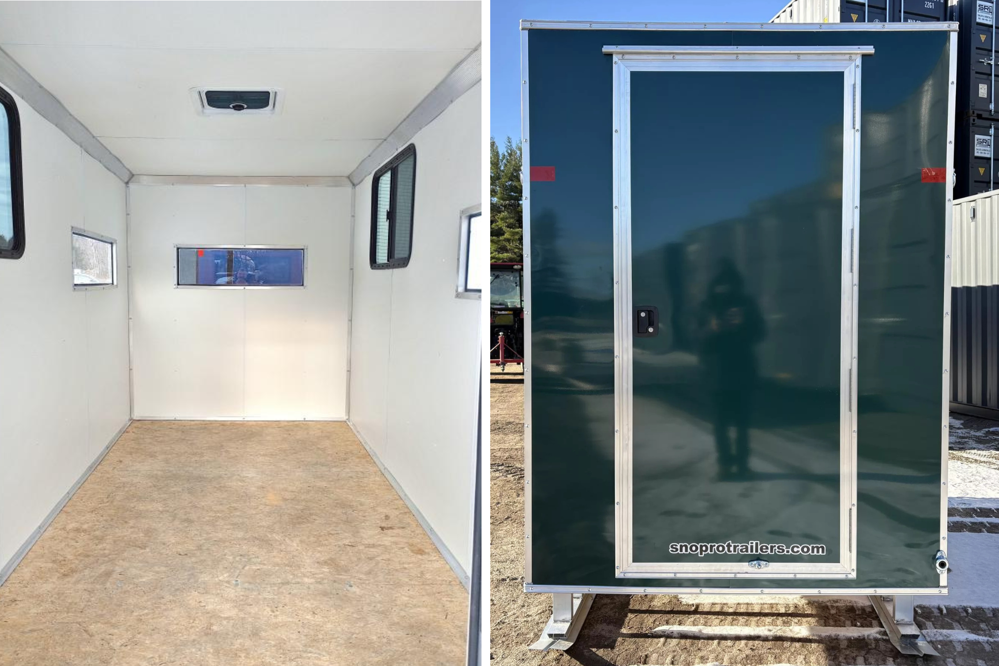 Interior and exterior view of an insulated SnoPro aluminum ice shack on a dealer lot - photo credit SR1 Trailers