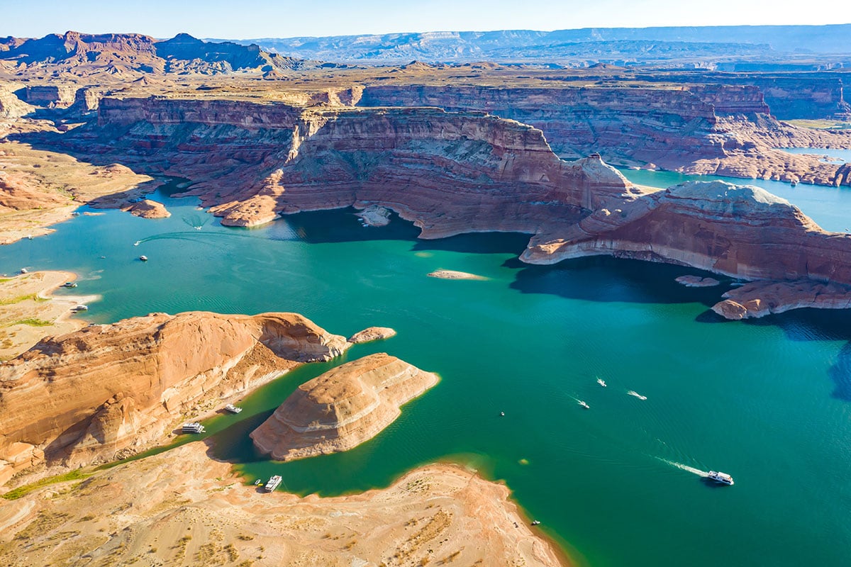 Overhead view of boats and jet skis on Lake Powell