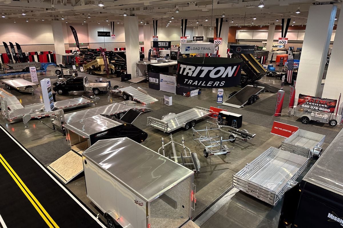 An overhead view of ALCOM brands and products at a prior NATDA show