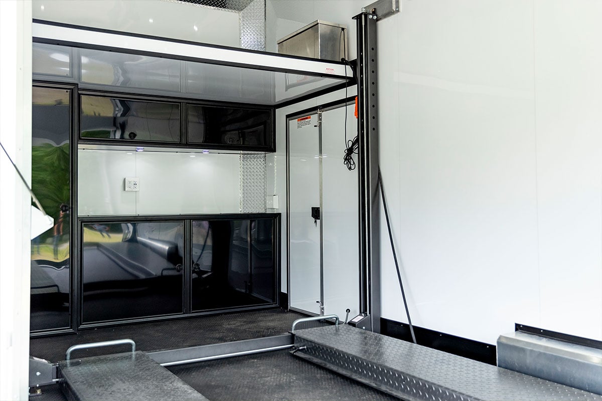 ALCOM cabinets and loft in Pinnacle Stacker enclosed car hauler