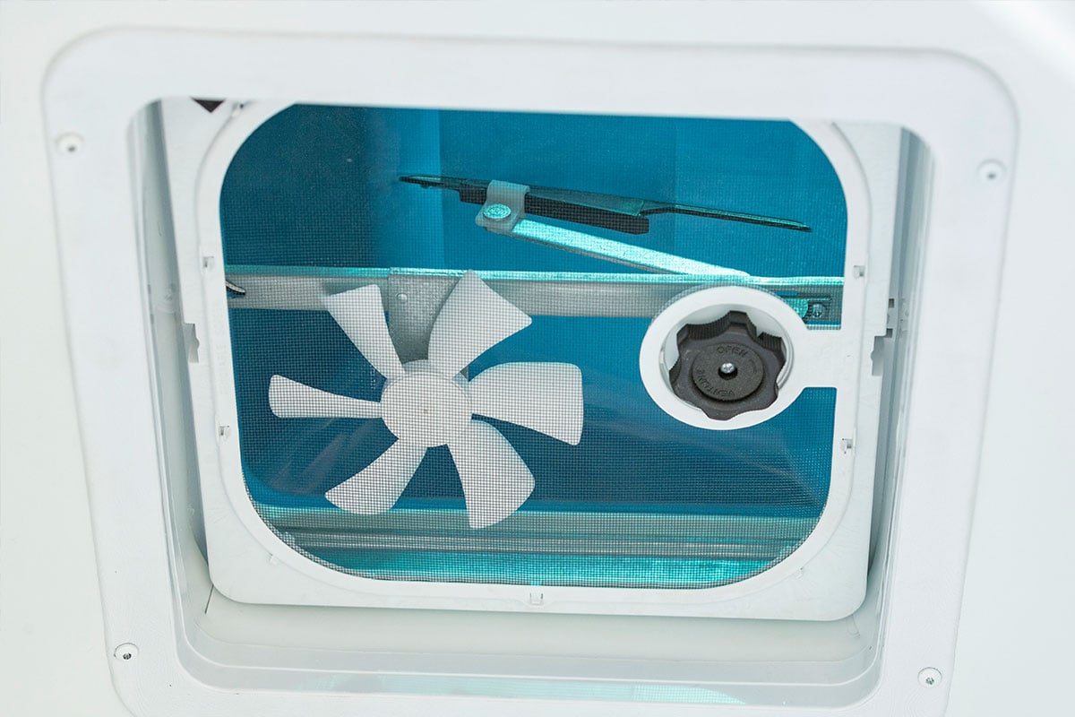 12V powered roof vent in an ALCOM enclosed aluminum trailer