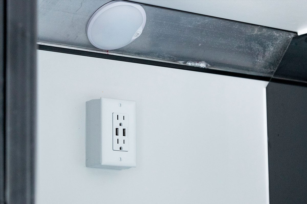 Dome light and USB receptacle in an enclosed aluminum trailer