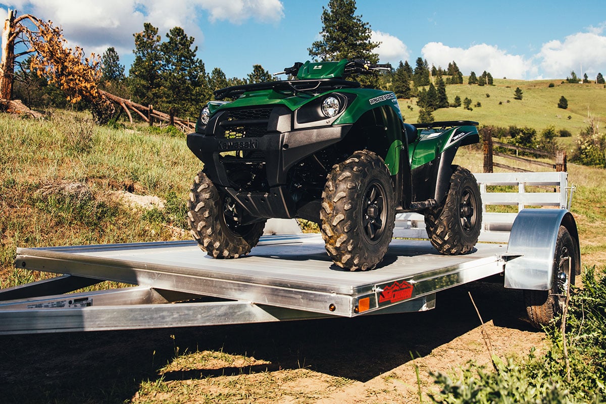 Loaded open ALCOM ATV trailer with extruded aluminum decking