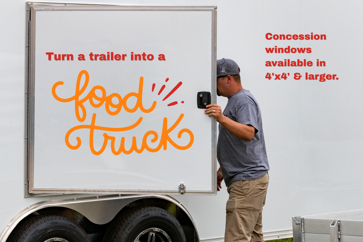 A man opens the concession door of a smooth sided ALCOM enclosed aluminum cargo trailer; turn a trailer into a mobile kitchen!