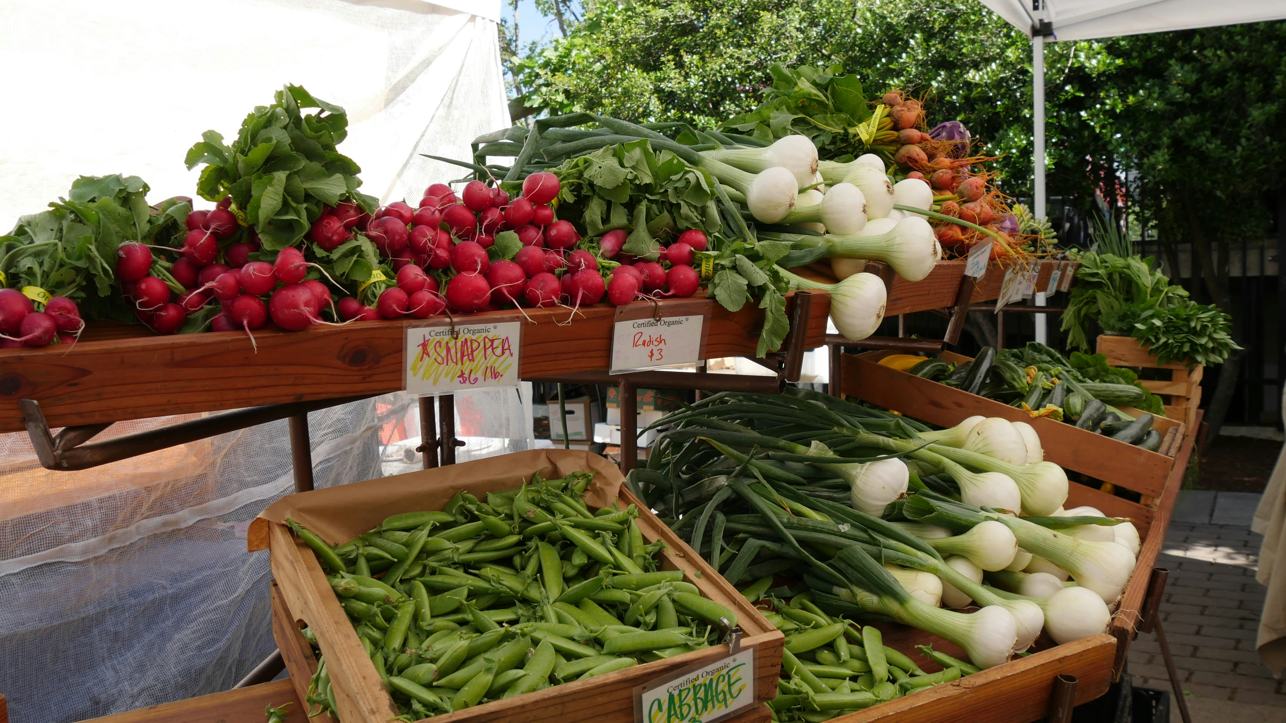 Farmer's market produce array under a tent on a sunny day; PC Aaron Cloward