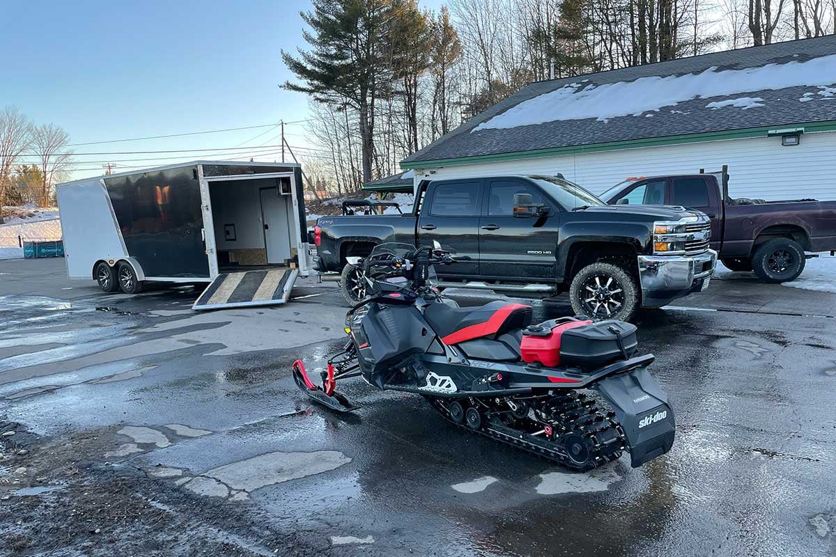 Paul's inline trailer parked on tar with front ramp door open