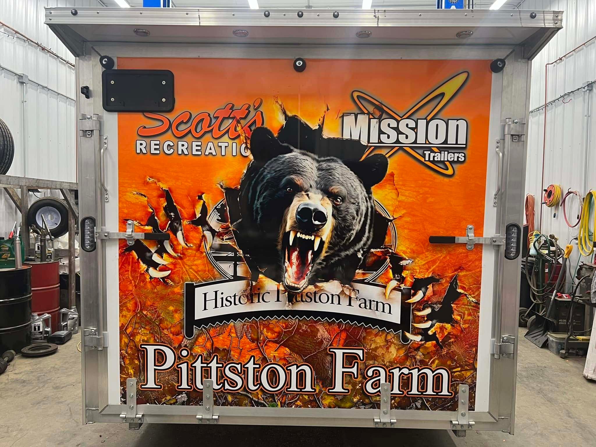 Pittston Farm custom trailer wrap applied to a Mission Trailers enclosed aluminum trailer; photo via Mission & PC Jennifer Mills