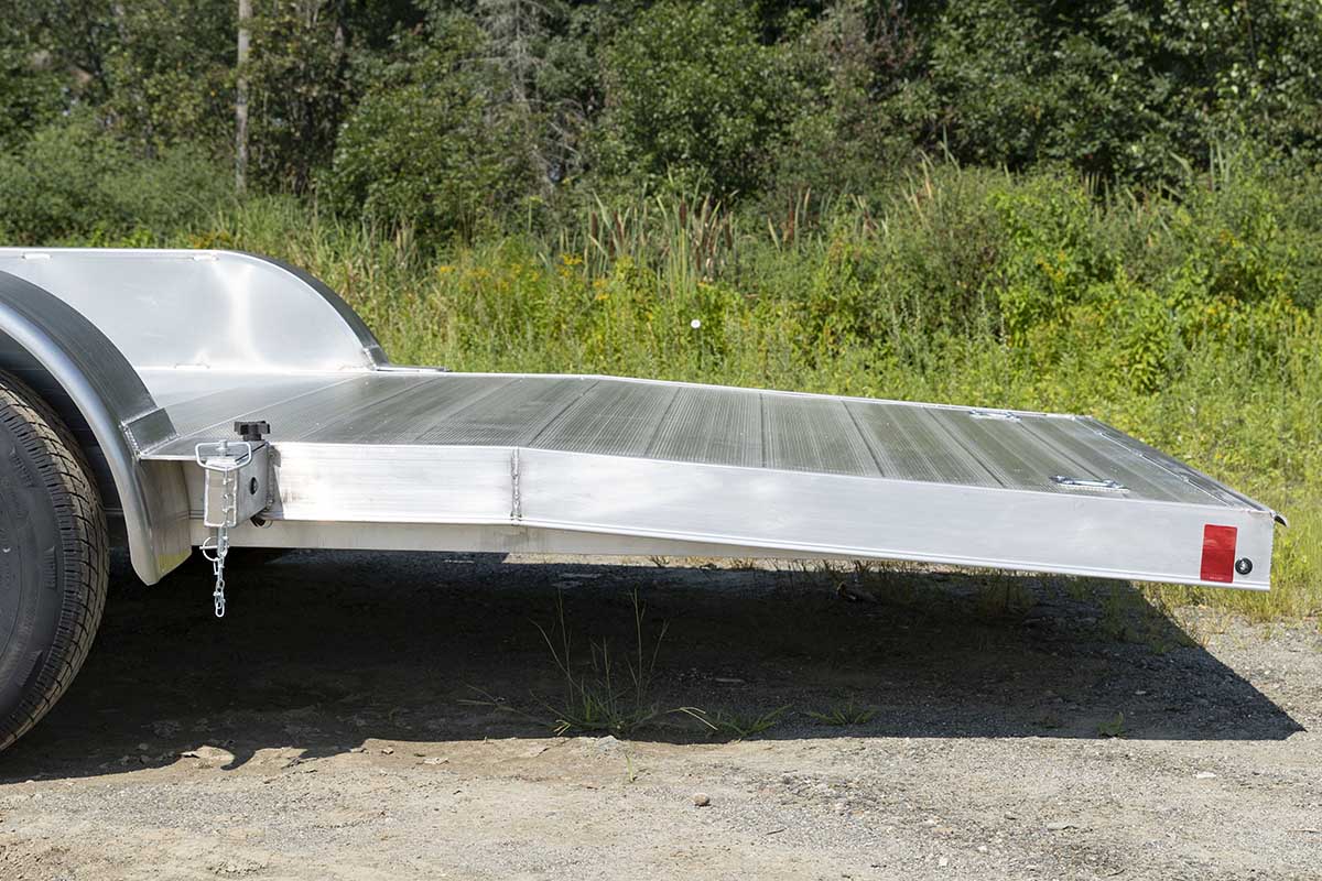 Three foot beavertail construction on an extruded aluminum deck ALCOM car trailer