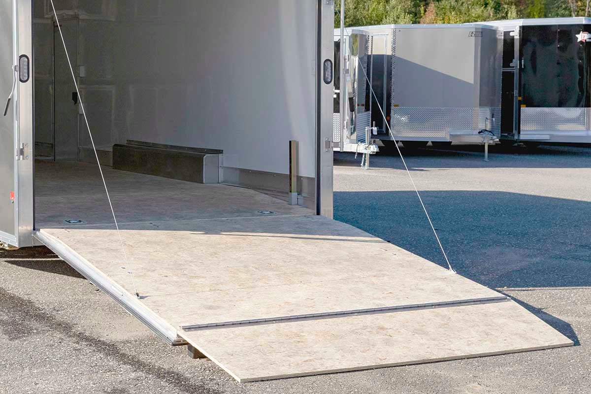 Spring assisted rear ramp on an enclosed ALCOM aluminum trailer.