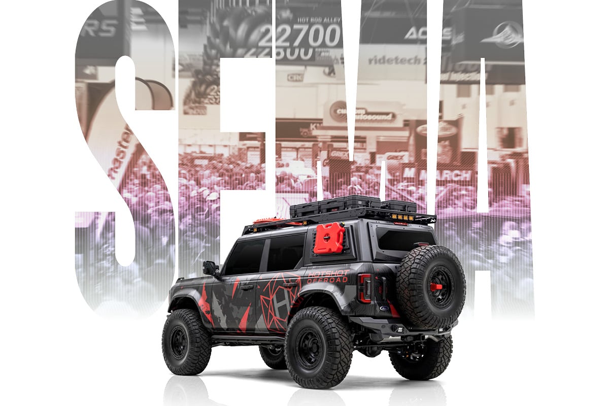 SEMA show banner with a decked-out offroad vehicle 
