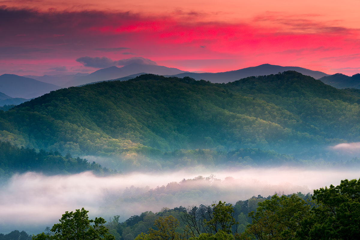 Scenic sunset view of the Great Smoky Mountains showing layered trees, fog, green mountains and a red sunset sky