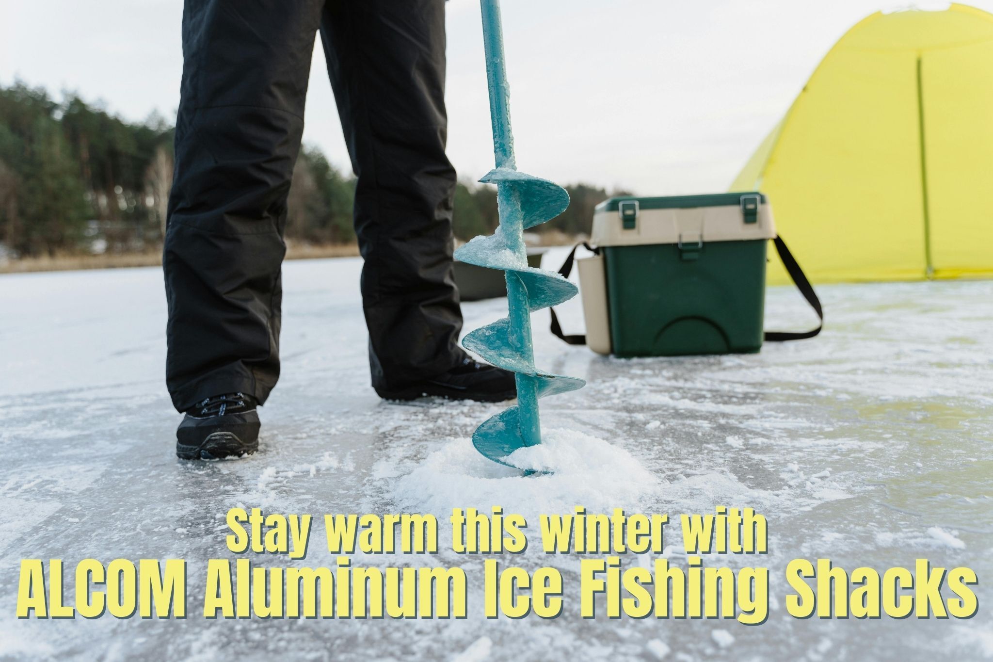 An ice fisherman dressed in boots and snowpants using a blue ice auger to bore a hole into the ice; text over image says 