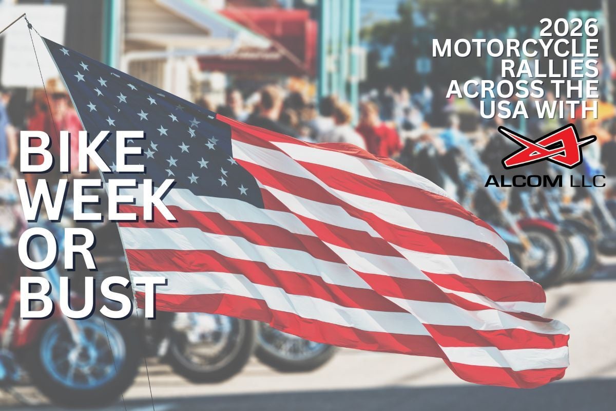 Image of an American flag flying at a bike rally; white text says 