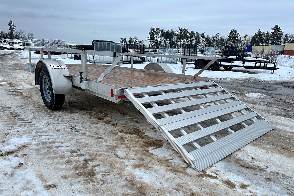 Bifold rear ramp of WR open utility trailer