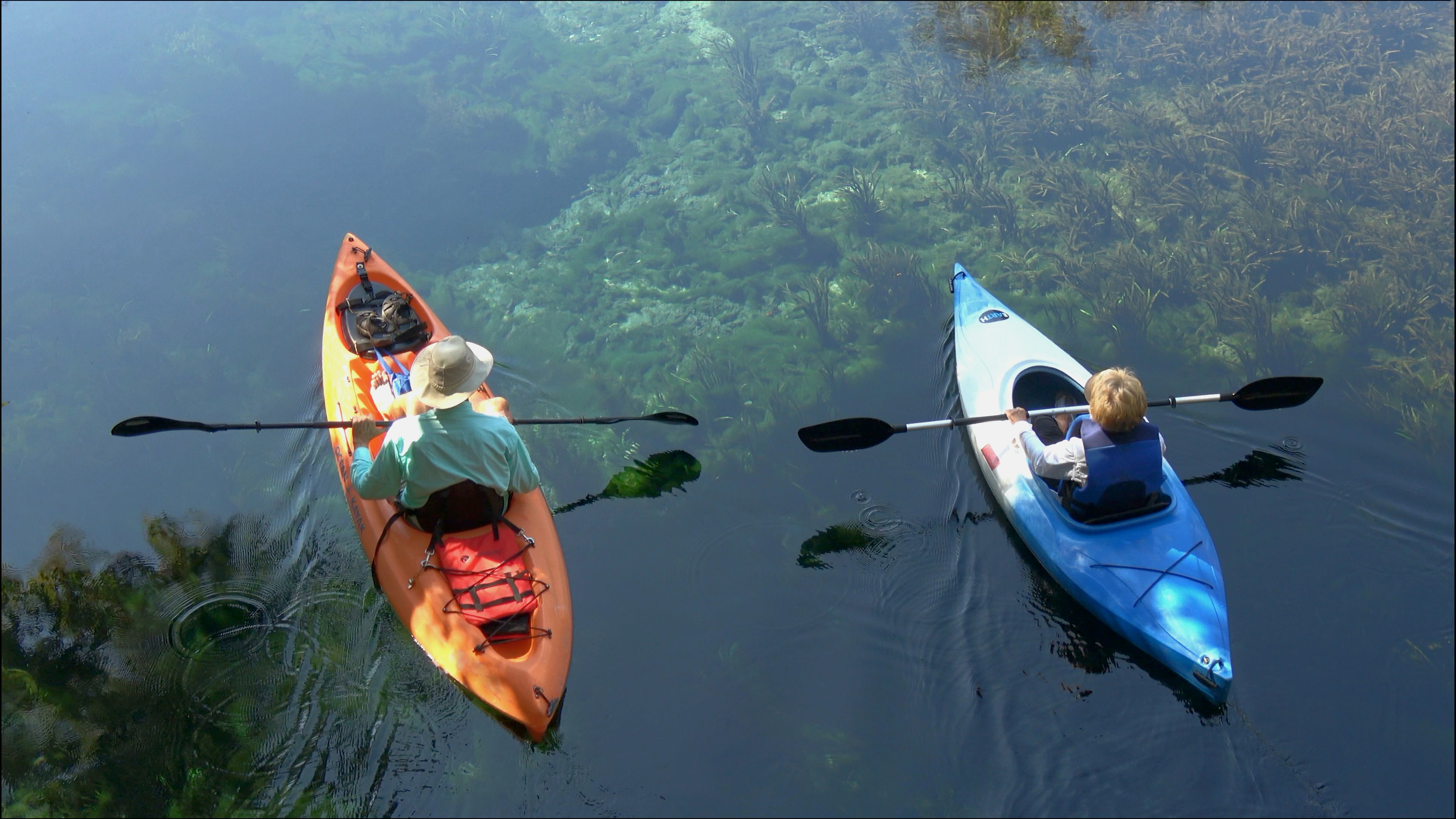 Two kayakers, seen from above, floating side by side in clear water at Silver Springs State Park in Ocala, Florida